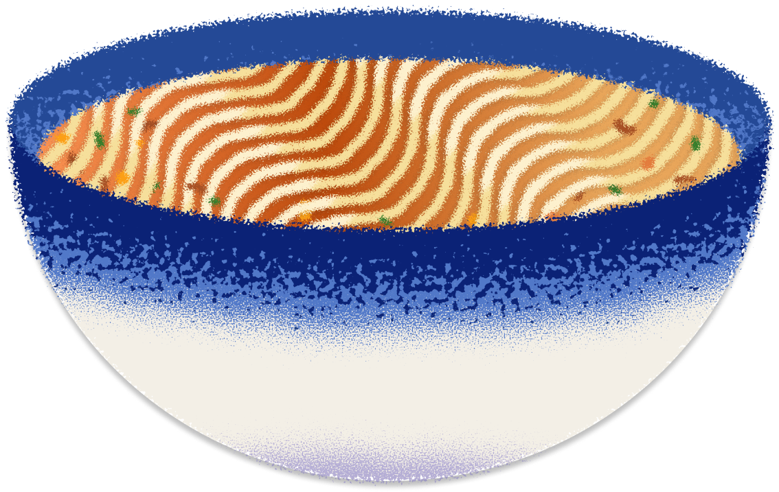 a white ramen bowl with a blue decorated rim, and ramen broth and noodles inside