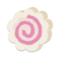A white fishcake in the shape of a flower, with a pink spiral
