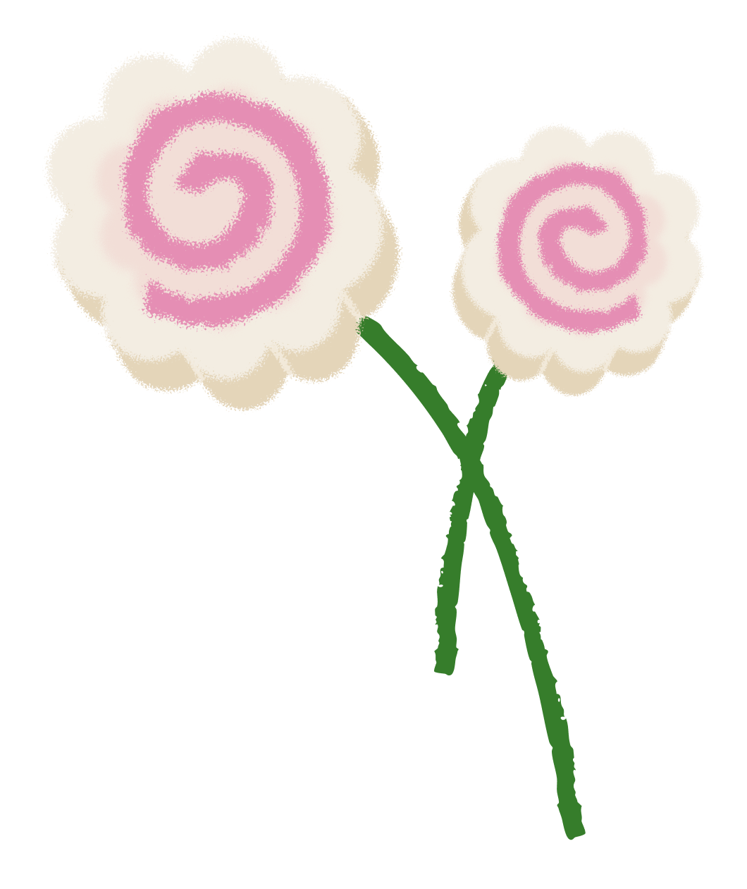 2 fishcakes with pink spiral designs are arranged like flowers. they have green stems that intersect each other halfway