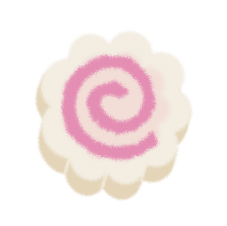 A white fishcake in the shape of a flower, with a pink spiral